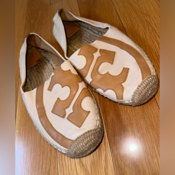 Tory Burch Leather Espadrilles Lonnie Flat Logo Natural Tan Sz 9 - Picture 7 of 9